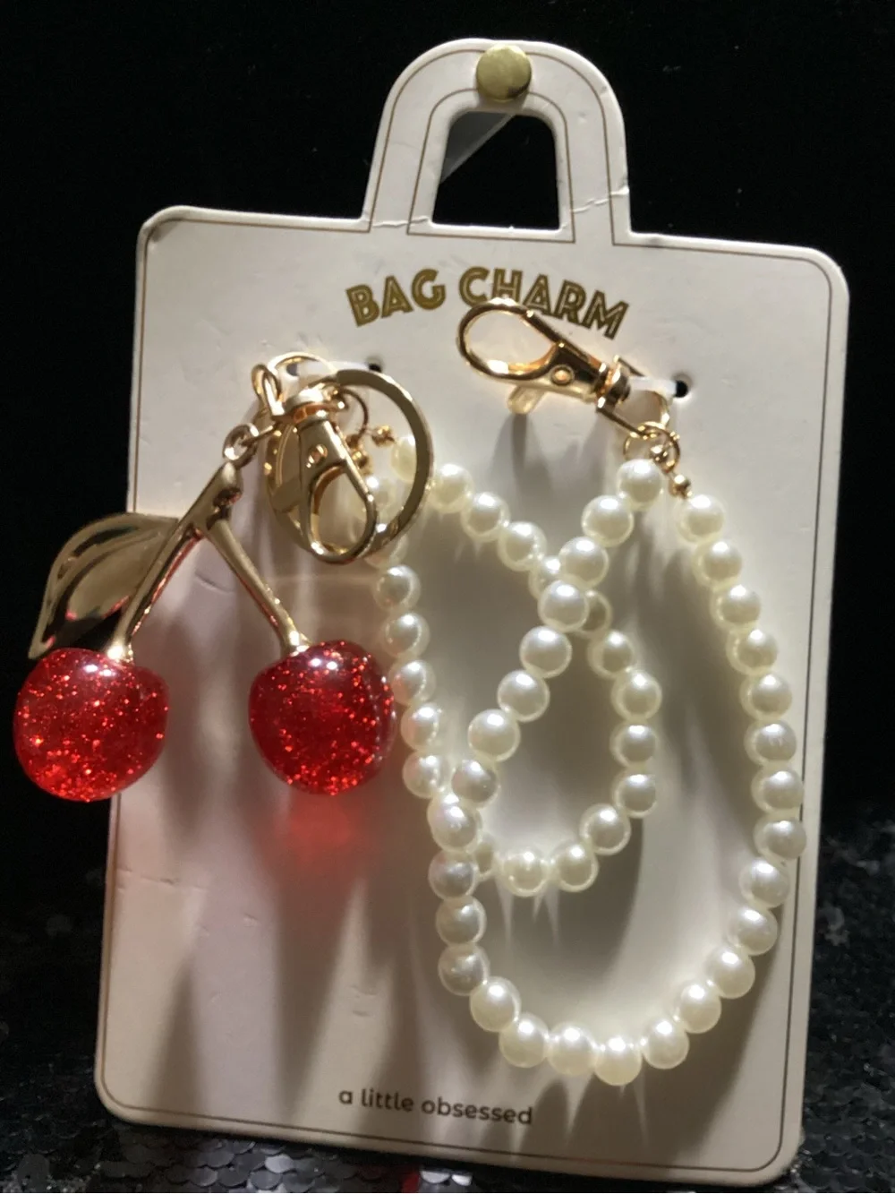 Pearl Loop Key & Red Cherry Bag Charm with Gold Accents